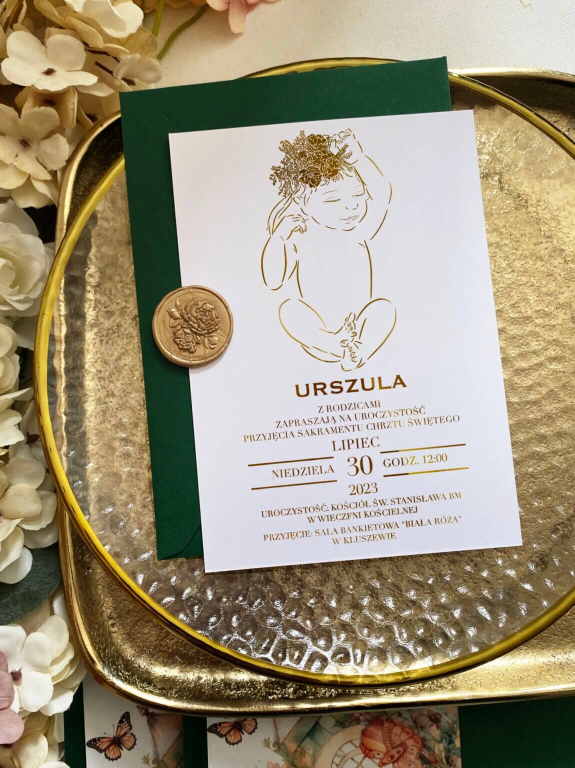 Złote zaproszenia na chrzest dla dziewczynki
