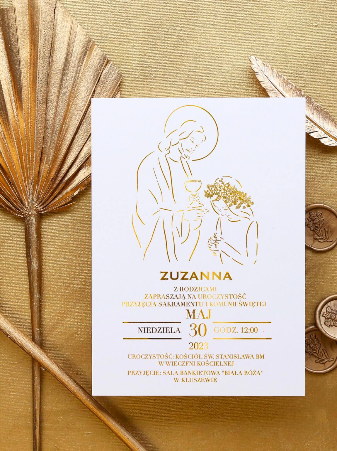 Złote zaproszenia na Komunię Świętą dziewczynki