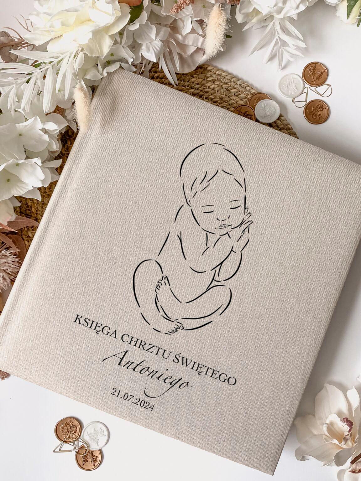 Duża księga gości na Chrzest Święty chłopca – lniana księga gości/album